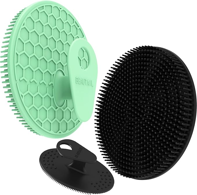 Silicone Body and Face Scrubber Set 3 Pack, BEAUTAIL Shower Bath Scrubber, Gentle Exfoliating Brush for Women Men Baby Sensitive Skin, More Hygienic Than Traditional Loofah, Long Lasting, Black+Green