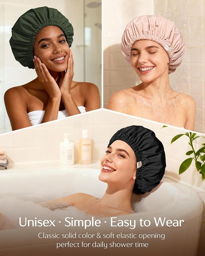 Yanibest Satin Lined Shower Cap for Women Reusable Waterproof, Large Bath Cap with Soft Elastic Band, Luxury Hair Protection Caps (Green)