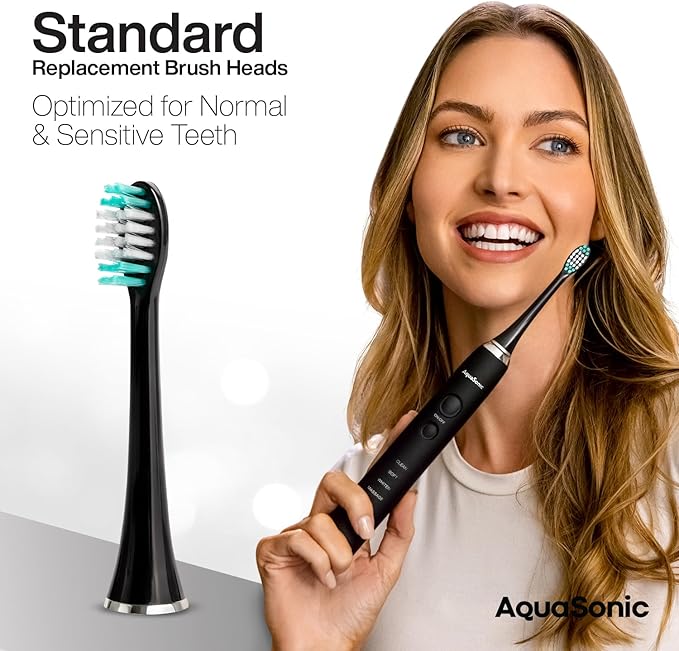 AquaSonic Genuine Standard Replacement Brush Heads | ADA Accepted | for Normal & Sensitive Teeth | Compatible with Many AquaSonic Toothbrush Handles (8 Pack Black)