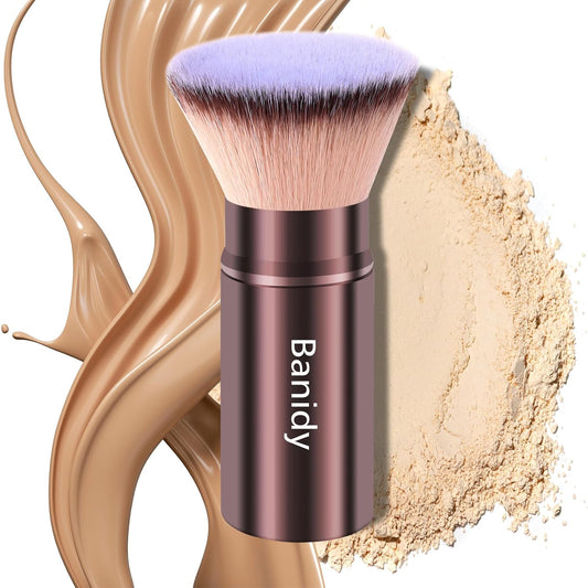 Makeup Brush Kabuki Face Brushes Retractable Travel Blush Brush Portable Flawless for Foundation, Powder Blush, Bronzer, Buffing, Liquid, Cream, Cruelty Free with Cover(Flat-Head)