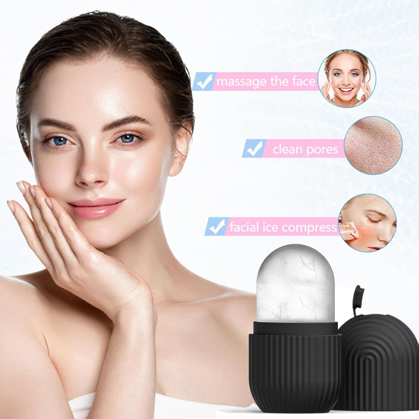 Ice Face Roller, Reusable Silicone Mold Face Massage Eye Facial Beauty Skin Care Tools Apply Ice for Shrink Pores Anti Wrinkle Reduce Puffiness Improve Skin Elasticity, Striped, Black