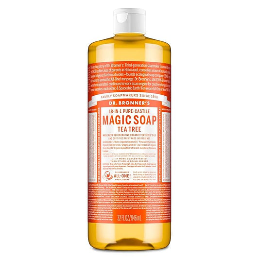 Dr. Bronner’s - Pure-Castile Liquid Soap (Tea Tree, 32 ounce) - Made with Organic Oils, 18-in-1 Uses: Acne-Prone Skin, Dandruff, Laundry, Pets and Dishes, Concentrated, Vegan, Non-GMO