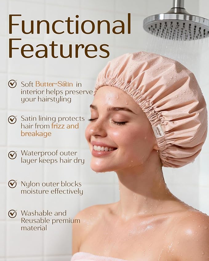 Yanibest Satin Lined Shower Cap for Women Reusable Waterproof, Large Bath Cap with Soft Elastic Band, Luxury Hair Protection Caps (Peachy Pink)
