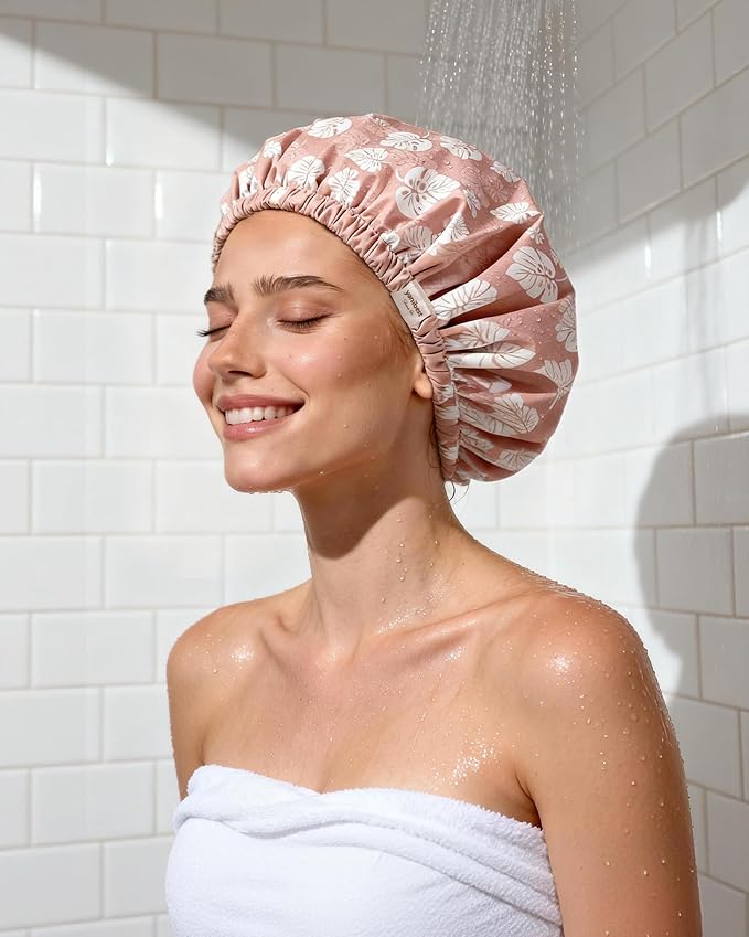 Yanibest Satin Lined Shower Cap for Women Reusable Waterproof, Large Bath Cap with Soft Elastic Band, Luxury Hair Protection Caps (Pink Leaves)