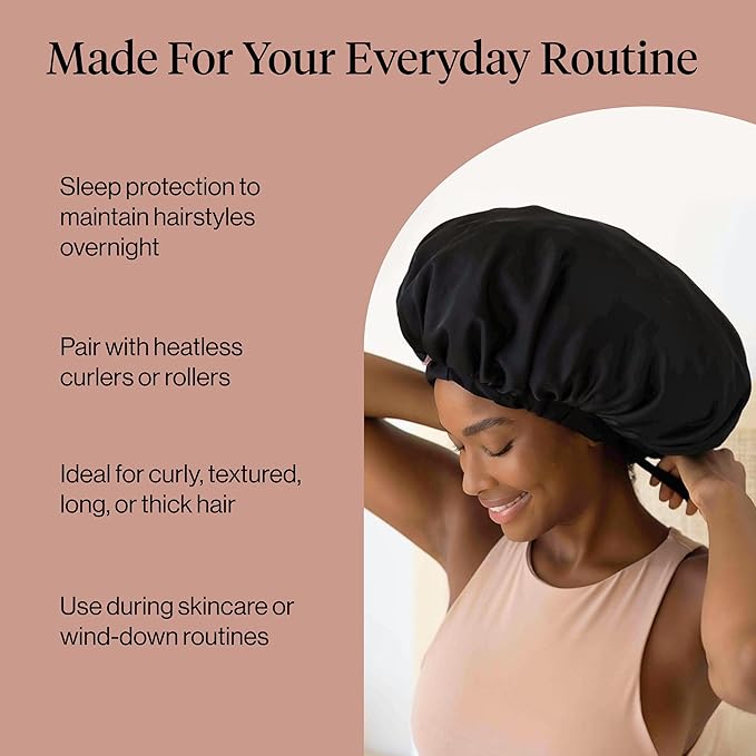 Kitsch XL Satin Bonnet for Sleeping - Softer Than Silk Bonnet For Sleeping Women - Secure Fit, Adjustable, Night Cap For Curly & Textured Hair - Prevents Breakage, Tangles & Thinning - Black