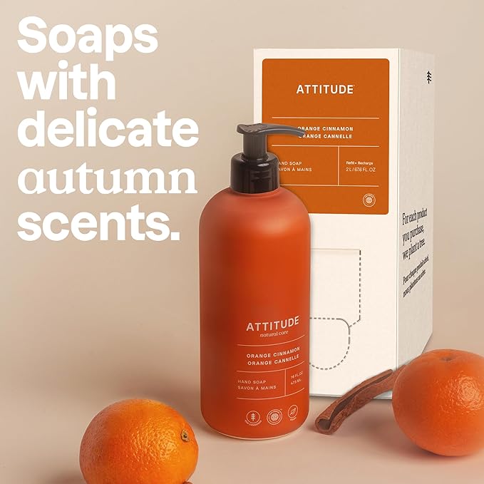ATTITUDE Liquid Hand Soap Refill, EWG Verified, Plant and Mineral-Based, Vegan Personal Care Products, Orange Cinnamon Scent, 67.6 Fl Oz