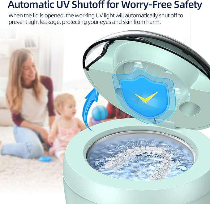 Ultrasonic Retainer Cleaner Machine, 45kHz Ultrasonic Denture Cleaner with 200ML Capacity & 4 Modes for Dental Cleaning Pod, Aligners, Mouthguards, Retainers, Jewelry, Green