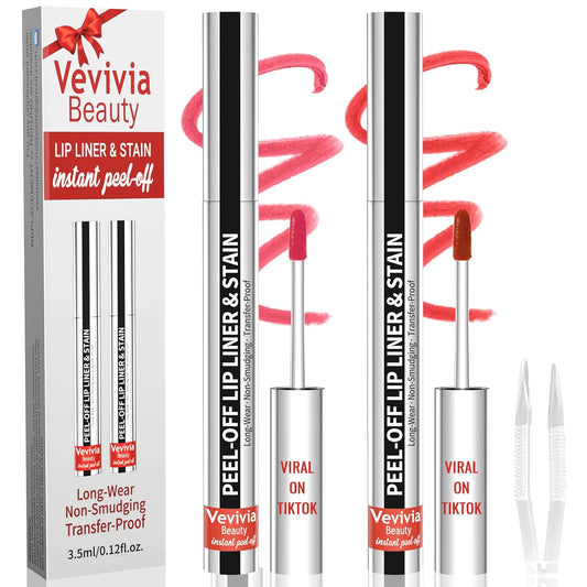 2pcs Lip Stain Peel Off - Lip Liner Stain Long Lasting Waterproof,2-in-1 Lip Liner with Tweezer Nude Matte,Non-Stick Cup,Highly Pigmented，Natural Finish,Stay On All Day,Perfect for Gift (Nude+Cocoa)