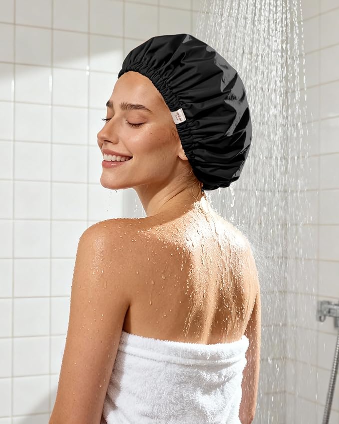 Yanibest Satin Lined Shower Cap for Women Reusable Waterproof, Large Bath Cap with Soft Elastic Band, Luxury Hair Protection Caps (Black)