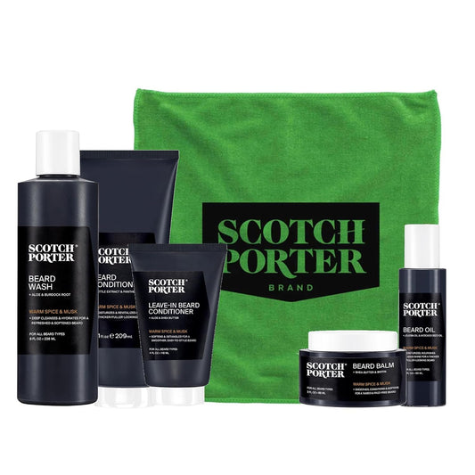 Scotch Porter Get Bearded Collection – Cleanse, Moisturize, Soothe & Style while Encouraging Growth for a Fuller/Healthier-Looking Beard – Includes Wash, 2 Conditioners, Oil, Balm & Towel