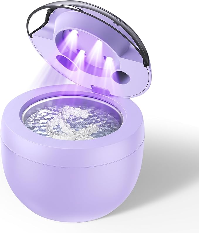 Ultrasonic Retainer Cleaner Machine, 45kHz Ultrasonic Denture Cleaner with 200ML Capacity & 4 Modes for Dental Cleaning Pod, Aligners, Mouthguards, Retainers, Jewelry, Purple