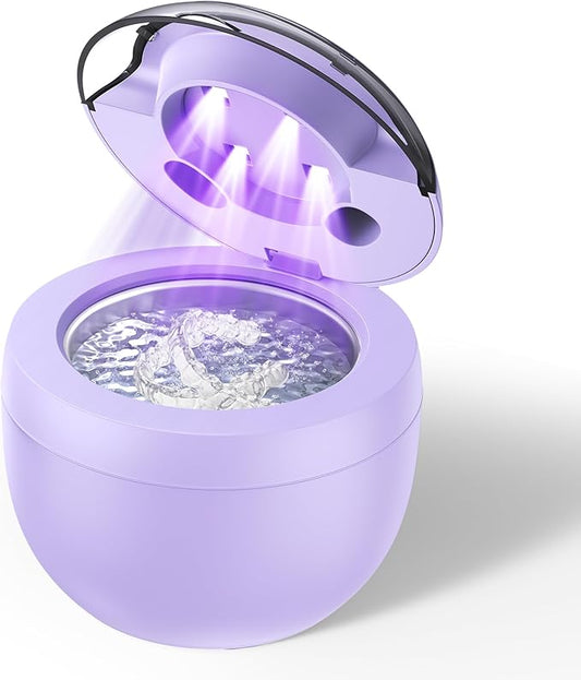 Ultrasonic Retainer Cleaner Machine, 45kHz Ultrasonic Denture Cleaner with 200ML Capacity & 4 Modes for Dental Cleaning Pod, Aligners, Mouthguards, Retainers, Jewelry, Purple