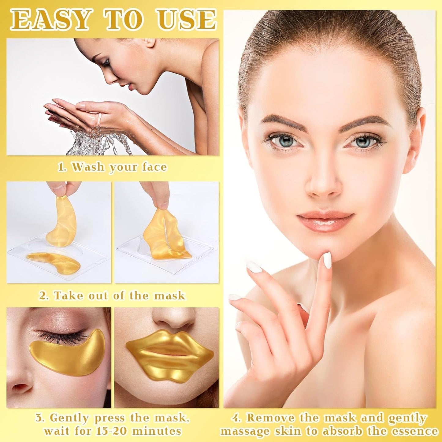 24K Gold Gel Crystal Collagen Eye and Lip Mask Set, 15 Pairs Gold Eye Mask & 15 Pcs Gold Lip Mask for Moisturizing, Collagen Under Eye Mask for Dark Circles Puffiness and Wrinkles