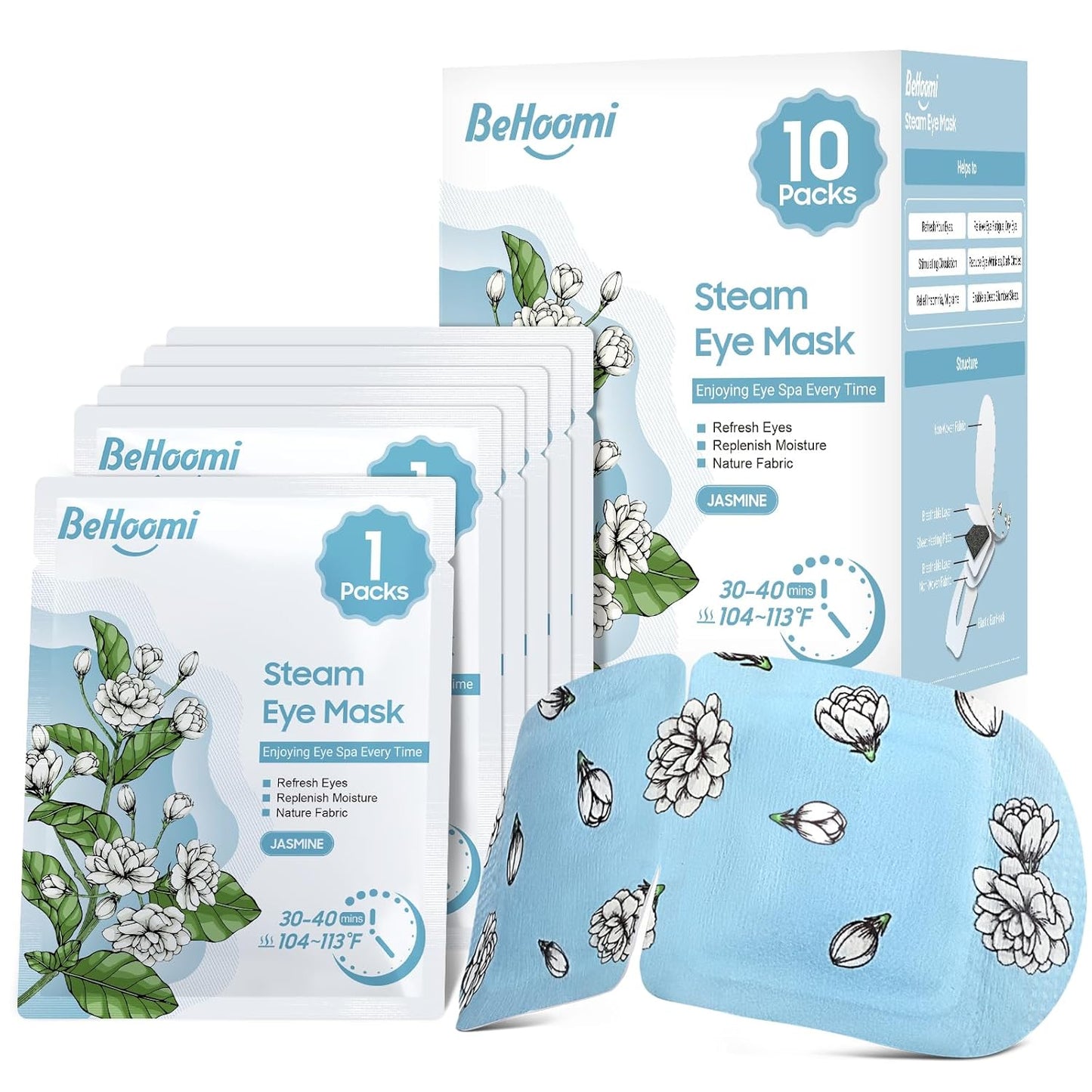 Steam Eye Mask, 10 Packs Heated Eye Mask, Self Heating Disposable SPA Warm Compress for Eyes Sleep Mask, Soothing Moist Heat Eye Masks, Travel Essentials & Relaxation Gifts (Jasmine Scent)