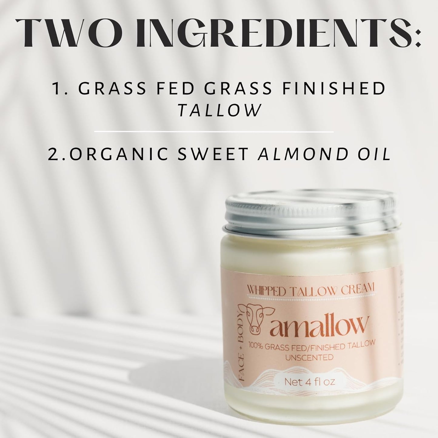 Amallow 100% Grass Fed Beef Tallow for Skin Care - Face + Body - Whipped Moisturizer for Sensitive Skin - Natural Lotion, 4 FL. oz. (Unscented)