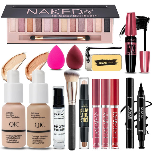 All in One Makeup Kit for Women Full Kit, 12 Colors Eyeshadow, Foundation & Primer, Lipsticks, Eyeliner, Mascara, Contour Stick, Brow Soap, Makeup Brush & Sponge, Make Up Gift Set for Women, Teens