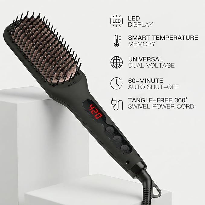 MEGAWISE Pro Ceramic Ionic Hair Straightener Brush for Home Salon, Straightening Hair Brush with 20s Heating Tech, Auto-Off, Anti-Scald with Universal Dual Voltage,Rotatable Power Cord, Black