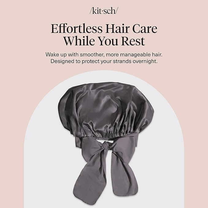 Kitsch XL Satin Bonnet for Sleeping - Softer Than Silk Bonnet For Sleeping Women - Secure Fit, Adjustable, Night Cap For Curly & Textured Hair - Prevents Breakage, Tangles & Thinning - Charcoal