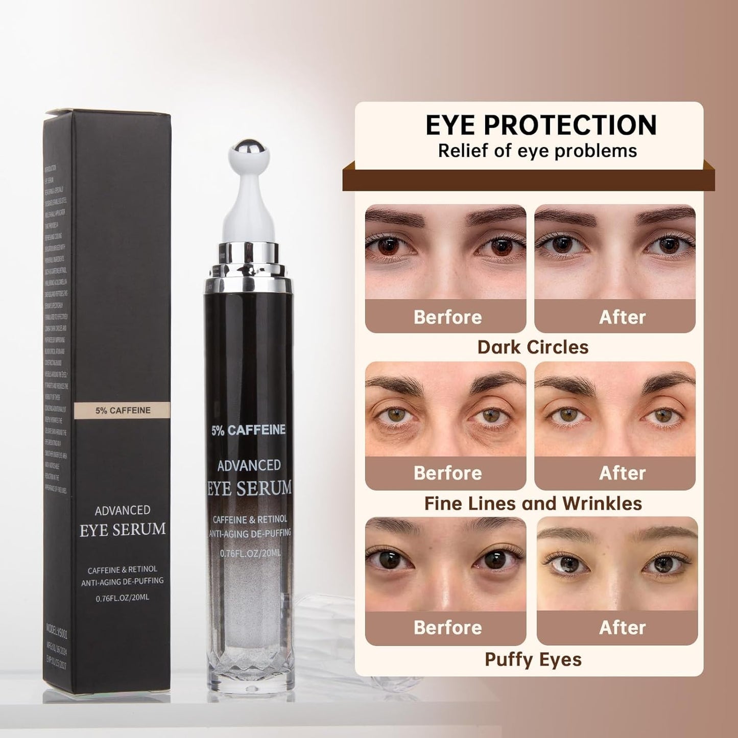 Caffeine 5% Eye Cream for Dark Circles, Under Eye Cream for Puffiness, Bags & Wrinkles, 2 PCS Anti Aging Eye Serum with Under Eye Roller, Reduces Fine Lines & Moisturize Skin.