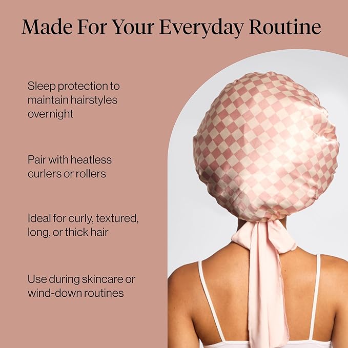 Kitsch XL Satin Bonnet for Sleeping - Softer Than Silk Bonnet For Sleeping Women - Secure Fit Adjustable Night Cap For Curly & Textured Hair, Prevents Breakage, Tangles & Thinning, Terracotta Checker