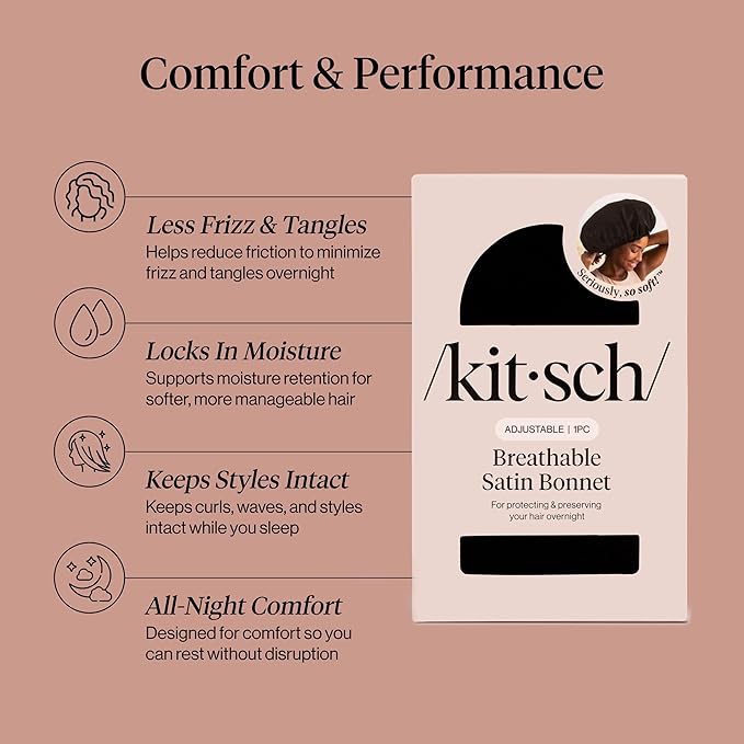 Kitsch XL Satin Bonnet for Sleeping - Softer Than Silk Bonnet For Sleeping Women - Secure Fit, Adjustable, Night Cap For Curly & Textured Hair - Prevents Breakage, Tangles & Thinning - Black