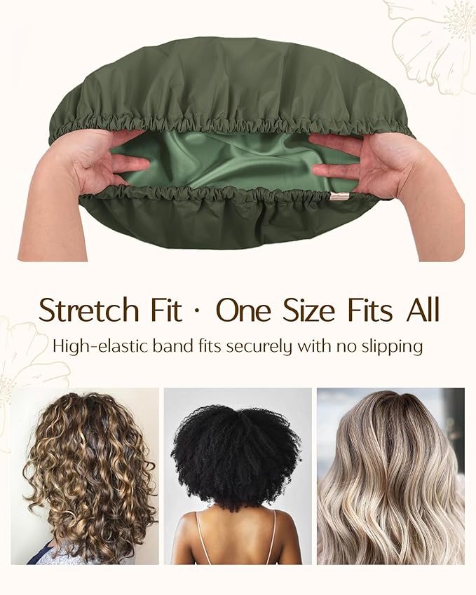 Yanibest Satin Lined Shower Cap for Women Reusable Waterproof, Large Bath Cap with Soft Elastic Band, Luxury Hair Protection Caps (Green)