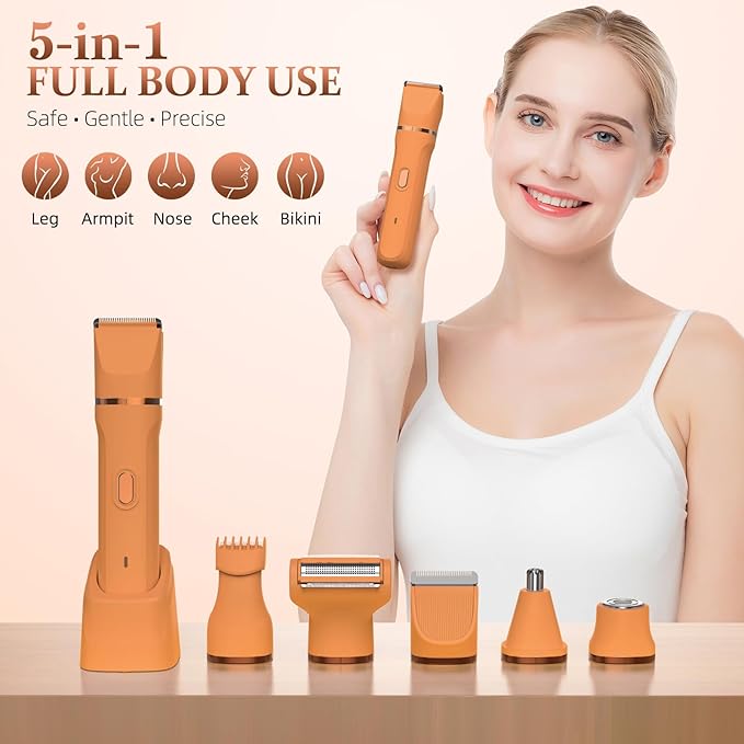 5-in-1 Bikini Trimmer for Women, IPX7 Waterproof Electric Razors Shaver, Cordless Body Hair Trimmer, Facial & Pubic Hair Removal, Ceramic Blade (Pure Orange)