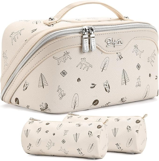 BOYATU Travel Makeup Bag Cosmetic Bags for Women: 3 Pcs Set Portable Make up Bag with Handle - PU Leather Toiletry Bags with Compartments - Makeup Organizer for Travel Essentials(L-4-White)