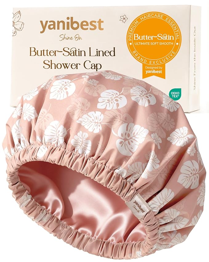 Yanibest Satin Lined Shower Cap for Women Reusable Waterproof, Large Bath Cap with Soft Elastic Band, Luxury Hair Protection Caps (Pink Leaves)