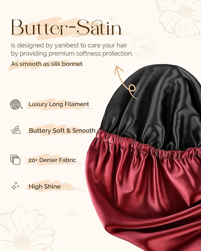 YANIBEST Satin Sleep Bonnet for Natural Hair - Extra Double Layer Long Adjustable Silk Hair Bonnet for Braids, Locs, Curls - Women’s Night Hair Protection Cap