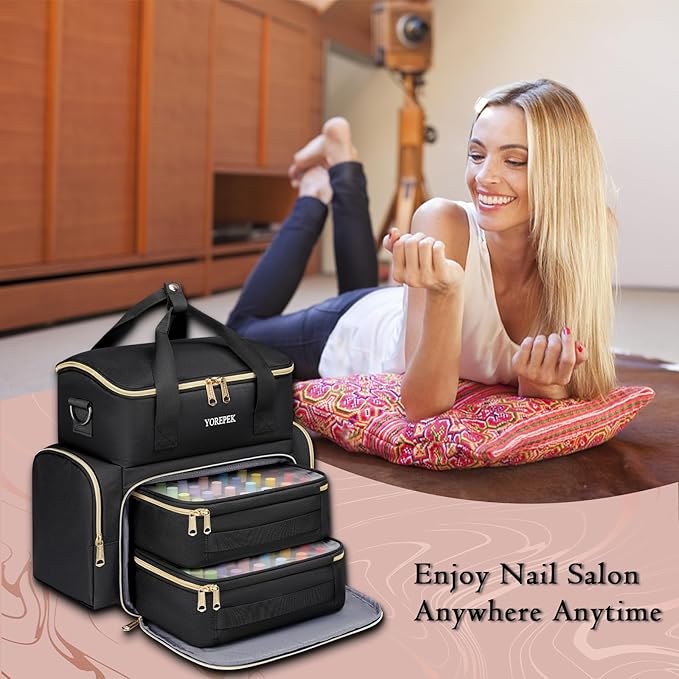 YOREPEK Extra Large Nail Polish Organizer Case Holds 48 to 100+ Bottles (15ml/0.5 fl.oz) UV lamp, Gel Polish Travel Case Bag with 2 Removable Pouches Fits Nail Suppiles, Gifts for Manicurist, Girls