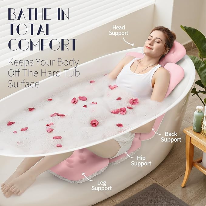 Full Body Bath Pillow for Bathtub, Thick Bathtub Cushion, Luxury Tub Pillow for Bath for Headrest Neck and Back Support Pink 56" x 16"