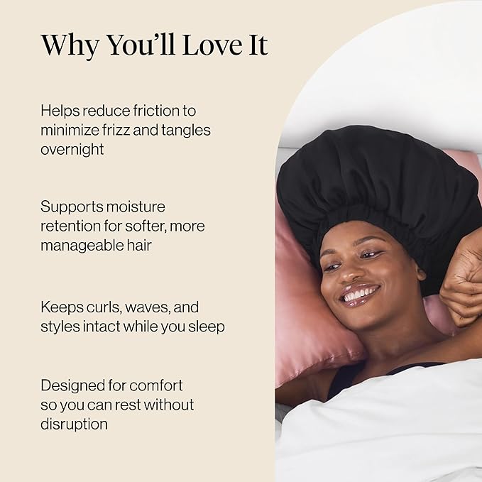 Kitsch XL Satin Bonnet for Sleeping - Softer Than Silk Bonnet For Sleeping Women - Secure Fit, Adjustable, Night Cap For Curly & Textured Hair - Prevents Breakage, Tangles & Thinning - Black