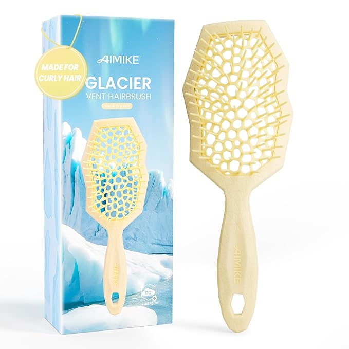 AIMIKE Glacier Detangling Brush, Pain-Free Detangler Brush for Curly Hair Wet & Dry Use, Glide Through Tangles with Ease, Vented Hair Brush for Women's 2c to 4c Curls, Cream Yellow