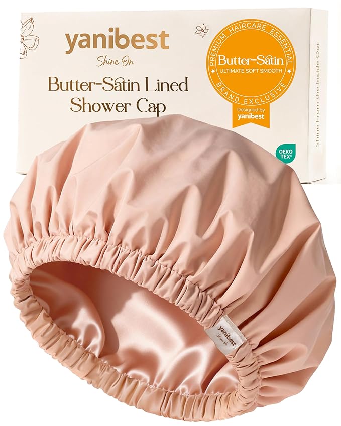 Yanibest Satin Lined Shower Cap for Women Reusable Waterproof, Large Bath Cap with Soft Elastic Band, Luxury Hair Protection Caps (Peachy Pink)