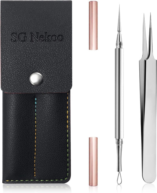 SGNEKOO Milia Remover Whitehead Extractor, Blackhead Tweezers with Angled Loop & Acne Needle Rose Gold in Case,Professional Facial Tool Kit