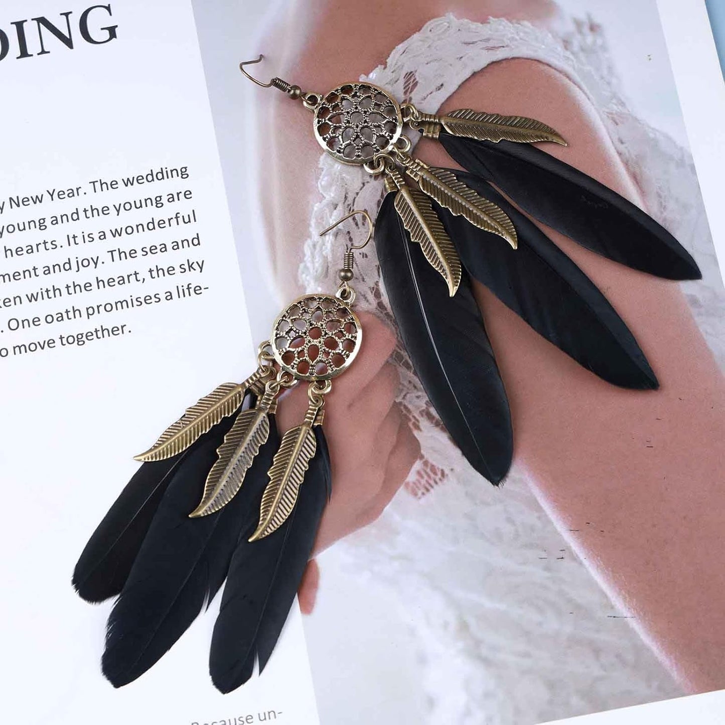 Boho Black Feather Dangle Earrings Long Feather Tassel Earrings Vintage Tribal Feather Earrings Gold Feather Drop Earrings Jewelry for Women