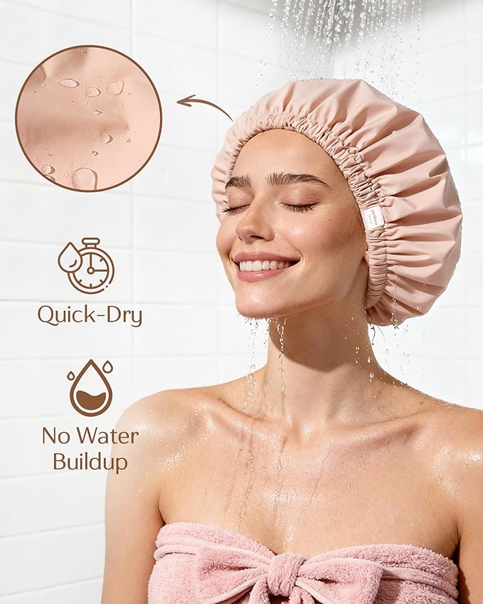 Yanibest Satin Lined Shower Cap for Women Reusable Waterproof, Large Bath Cap with Soft Elastic Band, Luxury Hair Protection Caps (Peachy Pink)