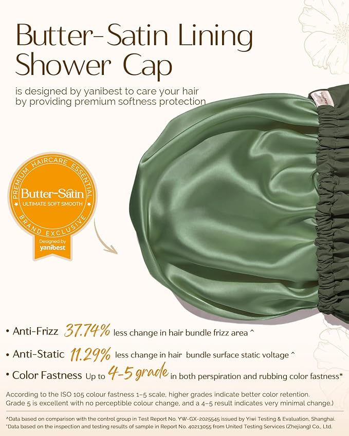Yanibest Satin Lined Shower Cap for Women Reusable Waterproof, Large Bath Cap with Soft Elastic Band, Luxury Hair Protection Caps (Green)