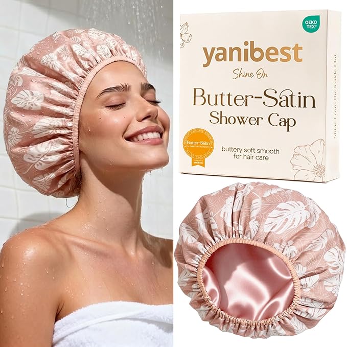 Yanibest Shower Cap for Women - Hair Satin Bonnet Shower Cap for Women Waterproof Extra Large Double Layer Reusable Adjustable for Braids Long Hair