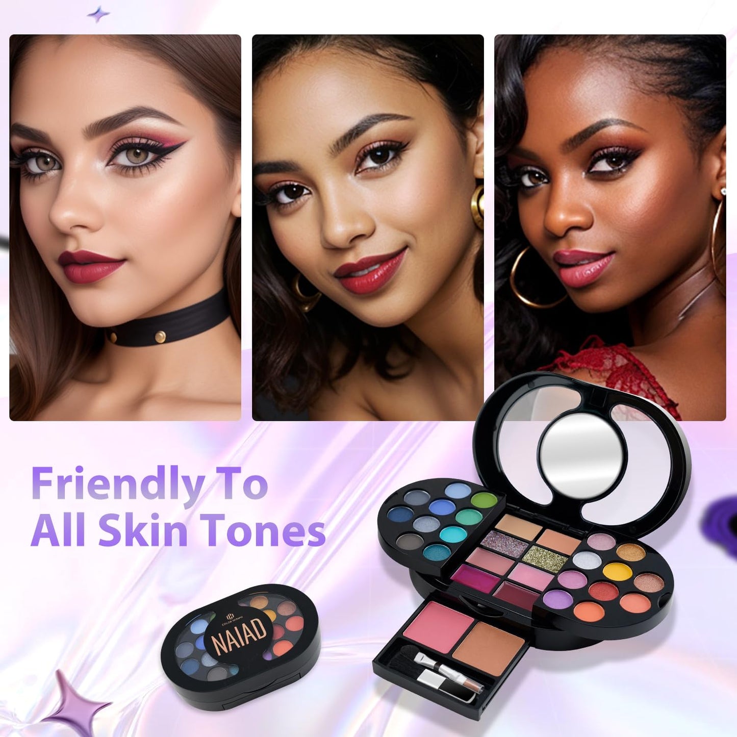 Color Nymph Travel Makeup Palette with Mulit-Colors Eyeshadows,Concealer, Body Glitter,Lip Glosses,Blush,Highlighter,Makeup Applicators And Mirror