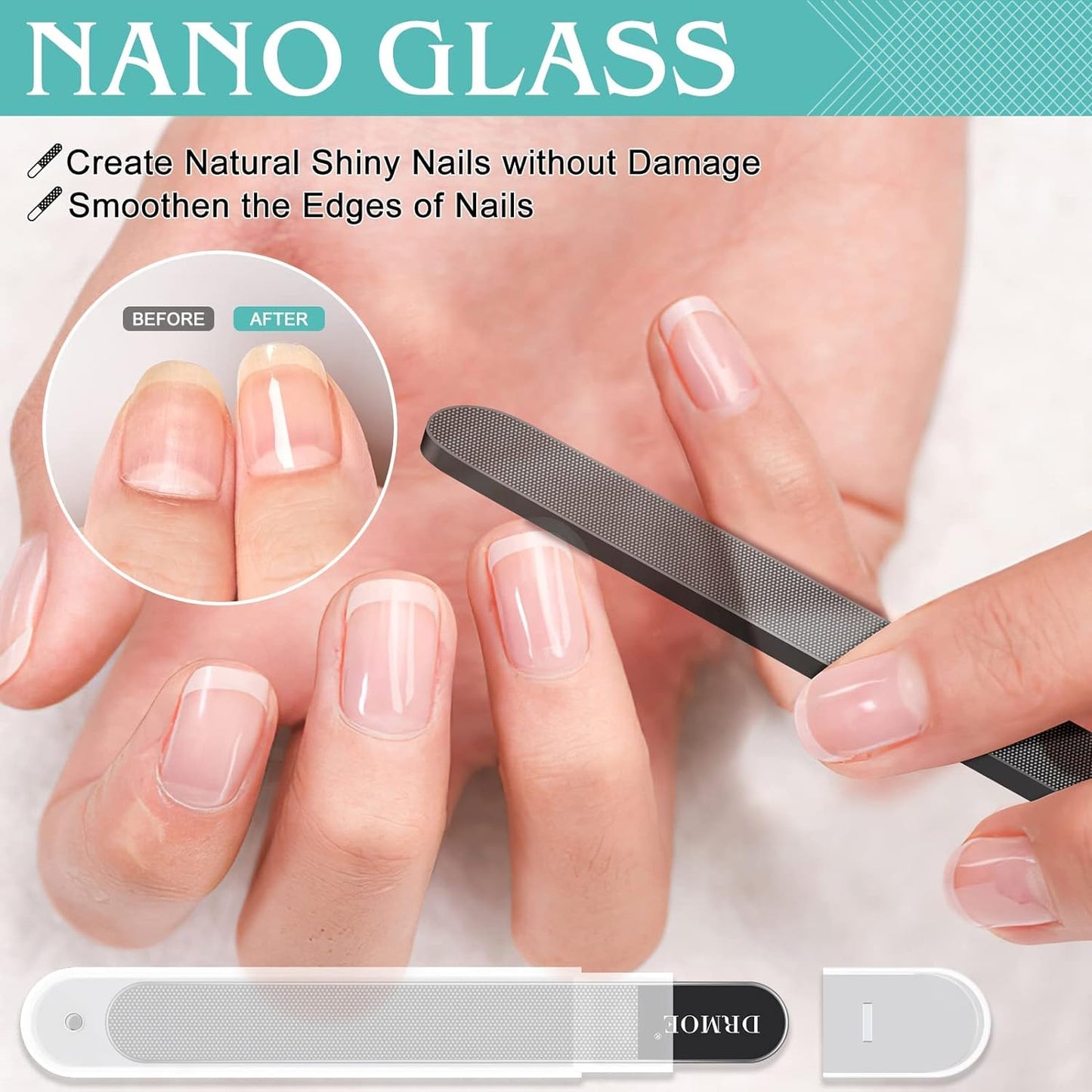 Glass Nail File Buffer with Case - 5PCS Nail Buffer and Nail Shiner Kit Glass Cuticle Pusher Nail Care for Men Women Nail Files for Natural Acrylic Nails Fingernail Files Manicure Tool