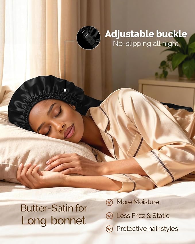 YANIBEST Satin Sleep Bonnet for Natural Hair - Extra Double Layer Long Adjustable Silk Hair Bonnet for Braids, Locs, Curls - Women’s Night Hair Protection Cap