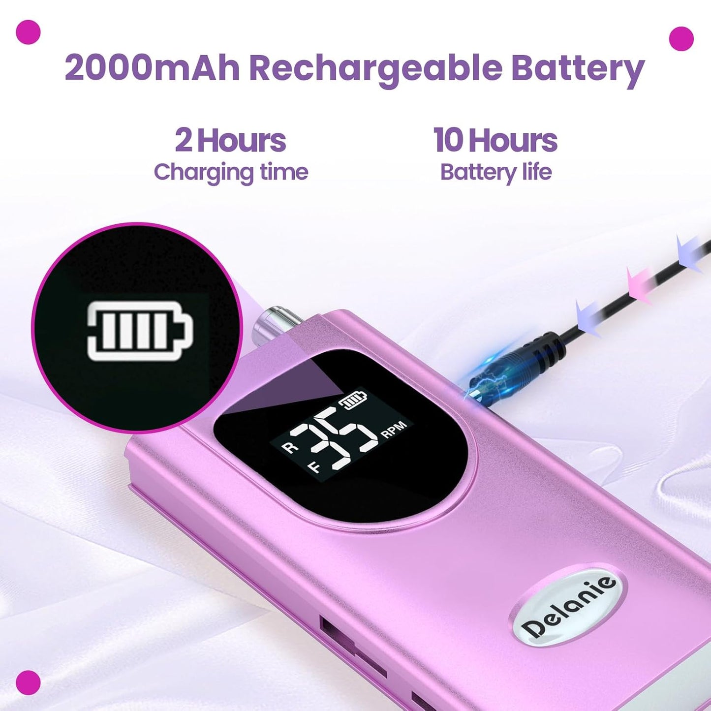 Delanie Professional Nail Drill High Torque 35000 RPM Rechargeable Portable Electric Nail File Filer for Acrylic Gel with Cuticle Bits, Salon Manicure Tool, Purple