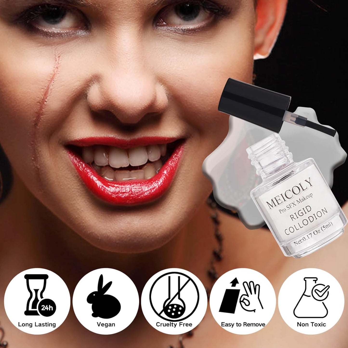 MEICOLY Rigid Collodion and Remover Kit,Scarring Liquid with Brush,Professional Scar Makeup for Halloween SFX Cosplay,Liquid Scar Fake Scar Makeup for Theater Stage Performance,Collodion Scar Liquid