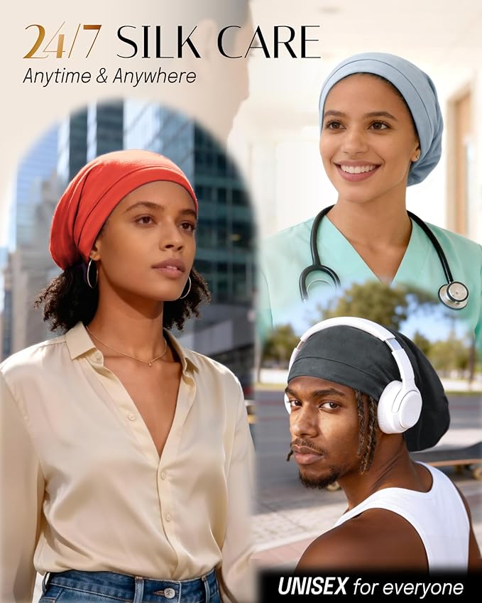OLESILK Silk Bonnet for Curly and Frizzy Hair, Sleep Cap for Sleeping, Unisex Hair Wrap, Medium, Light Blue