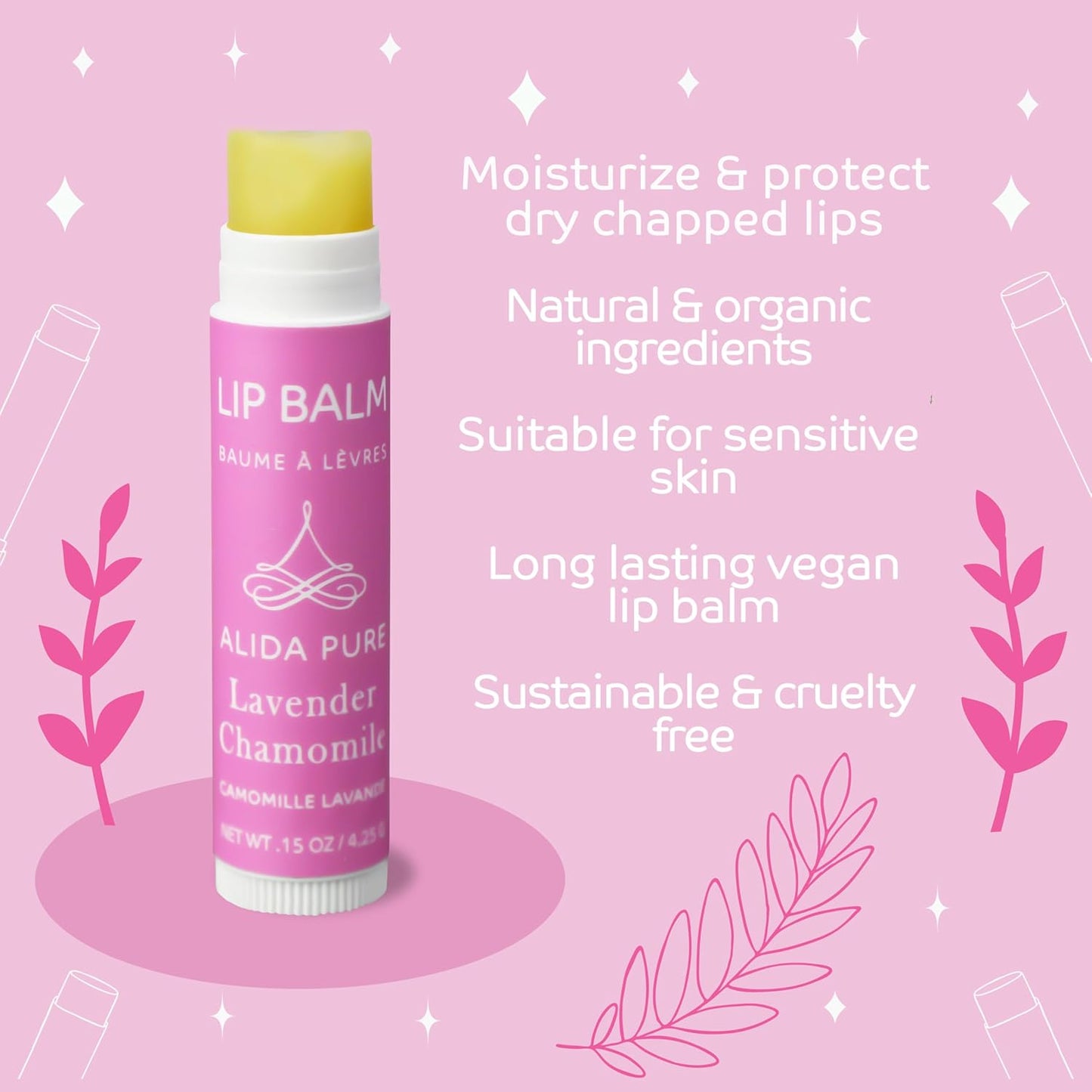 Lavender Chamomile Lip Balm Collection, Vegan Set, Beeswax Free, with Organic Jojoba and Avocado Oil, Vitamin E, Natural Moisturizer for Dry, Chapped Lips, 3 Tube Set