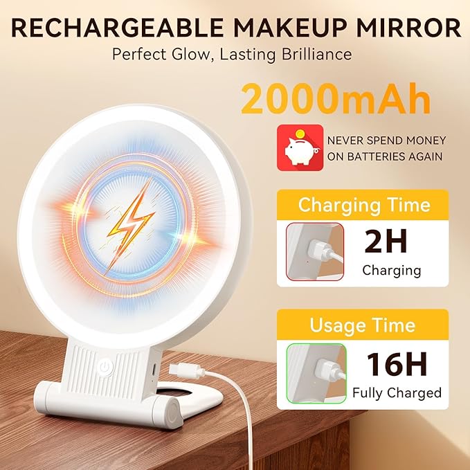 Auxmir 1X/30X Magnifying Mirror with Light, Double Sided Makeup Mirror with Adjustable 3 Color Light, 2000mAh Rechargeable Lighted Magnifying Mirrors with Tweezer, Foldable Travel Mirror with Rotation