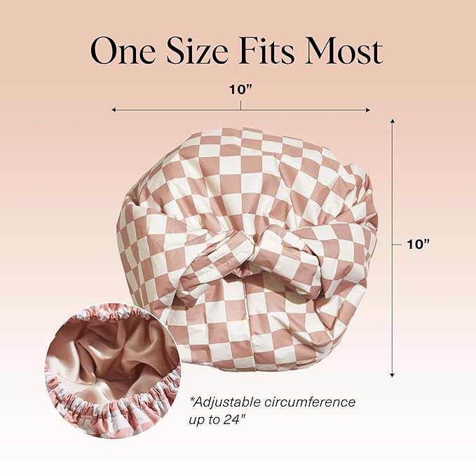 Kitsch Luxury Satin-Lined Flexi Shower Caps for Women Reusable Waterproof - Large Wide Shower Cap for Women & Men, Adjustable, Stylish Hair Cap for Showers, For Long & Short Hair - Terracotta Checker