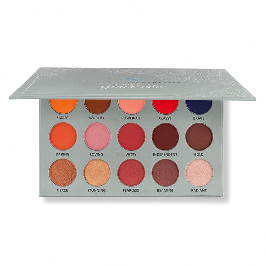 | 15 color pigmented blendable eyeshadow palette with mirror, warm neutral matte shimmery shades, travel size makeup